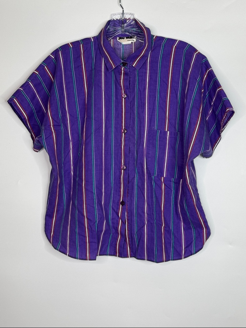 Vintage You Babes Blue Purple Striped Short Sleeve Shirt Size Small 70s